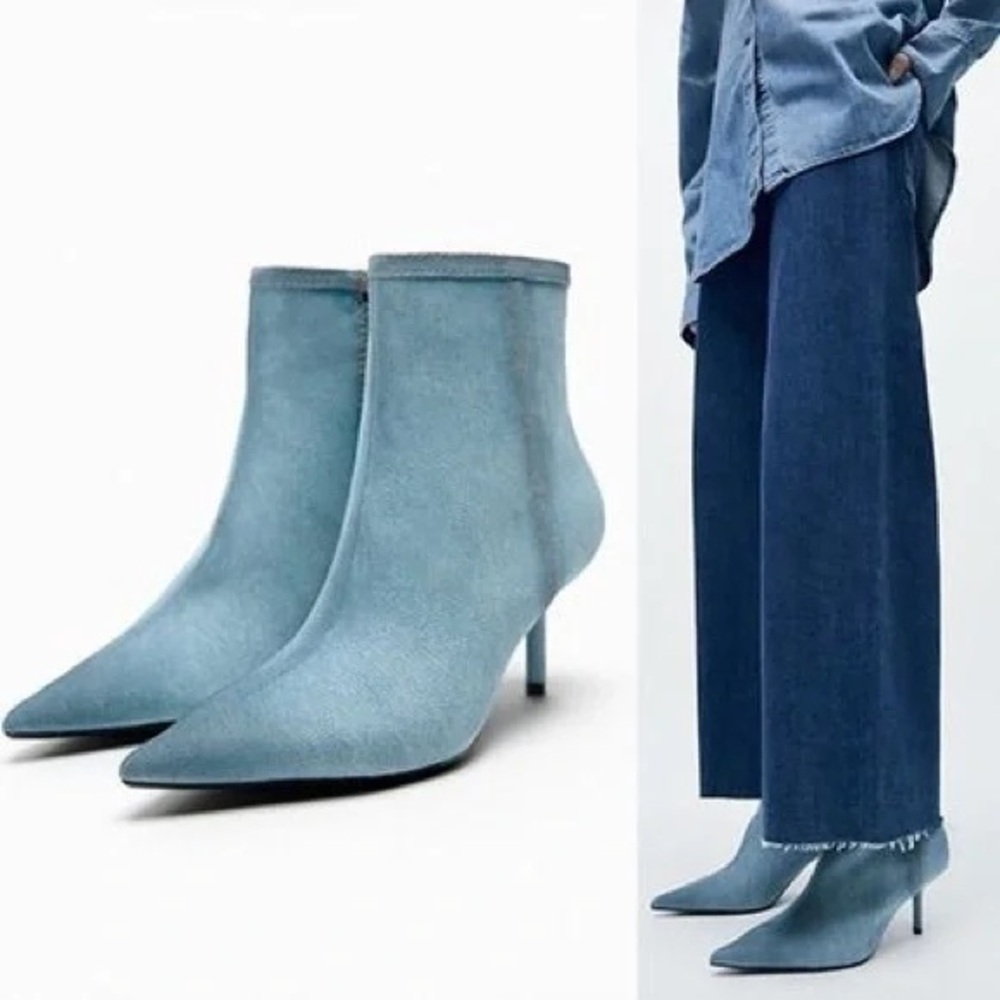 ZARA Denim Blue Pointy Toe Heeled Ankle Booties NWT